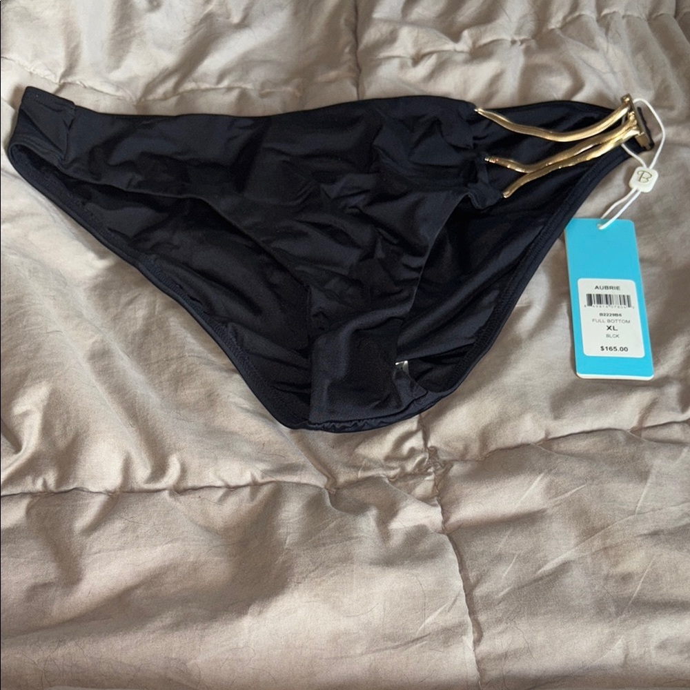 Beach Bunny Aubrie Black Bikini Bottom with Gold Accents Size XL NWT